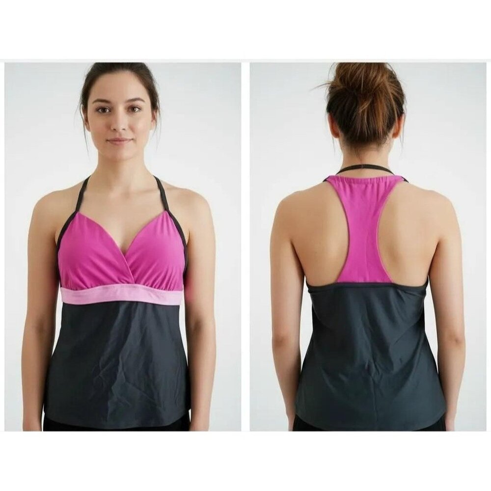 Danskin Now Pink & Black Racer‎ Back Sportwear Tank Top Women's Large (12-14)